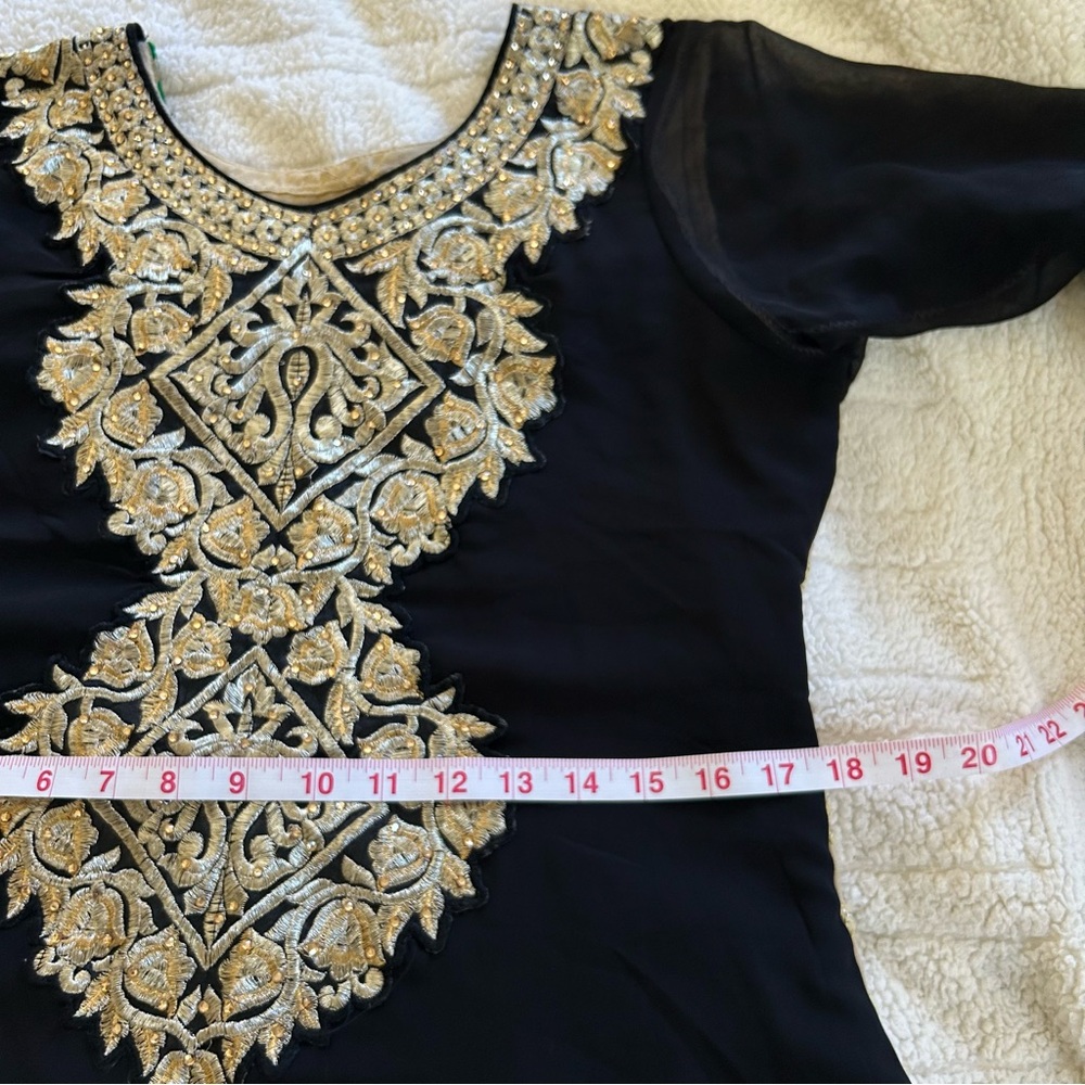 Indian Pakistani Custom Rhinestone Embroidered Kurta Tunic Top Medium Black Gold - Picture 10 of 11